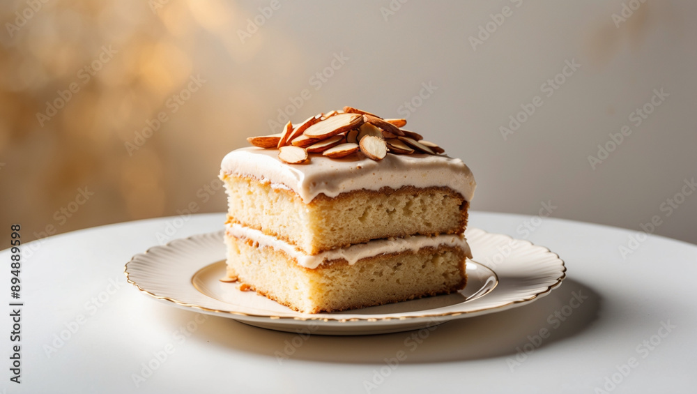 A Slice of Almond Cake with Buttercream Frosting and Topped with Almonds on an Ornate Plate A Slice of Almond Cake with Buttercream Frosting and Topped with Almonds on an Ornate Plate