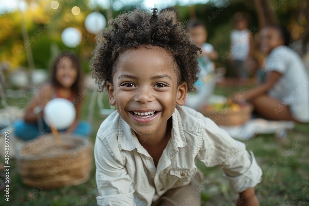 A joyful young boy with curly hair happily smiles at the camera while enjoying a sunny day, surrounded by children and balloons at an outdoor gathering.