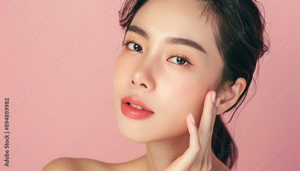 Fototapeta premium A close-up portrait of a young Asian woman with flawless skin and a captivating gaze, radiating natural beauty and confidence. 