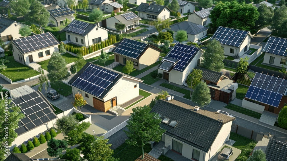 Generate a photo realistic image of urban solar energy projects powering homes and businesses; ensure the image is of high resolution for clear and detailed quality, with proper subject placement. Generate a photo realistic image of urban solar energy projects powering homes and businesses; ensure the image is of high resolution for clear and detailed quality, with proper subject placement.