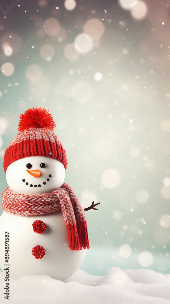 Happy smiling snowman with a red scarf and hat. Snowy blurred landscape on background. Banner with copy space. Dreamy and magical mood. Happy smiling snowman with a red scarf and hat. Snowy blurred landscape on background. Banner with copy space. Dreamy and magical mood.