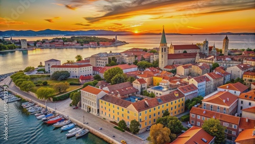 Aerial view of Zadar's old town bathed in the warm glow of sunset in Dalmatia, Croatia, Zadar, old town