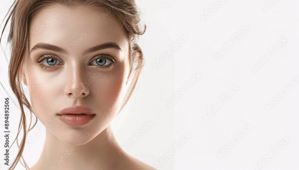 Timeless Beauty: A young woman with captivating blue eyes and flawless skin embodies natural elegance in a minimalist portrait. Timeless Beauty: A young woman with captivating blue eyes and flawless skin embodies natural elegance in a minimalist portrait.