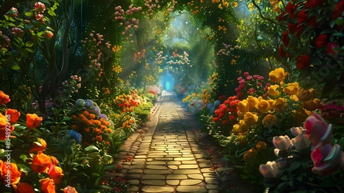 Fototapeta Naklejka Na Ścianę i Meble -   an enchanted garden pathway lined with vibrant flowers in full bloom alice in wonderland background