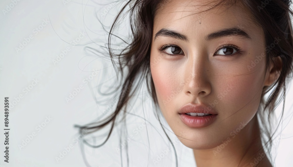 The Serene Gaze: A young Asian woman with windswept hair and flawless skin, her intense gaze captivating the viewer. The Serene Gaze: A young Asian woman with windswept hair and flawless skin, her intense gaze captivating the viewer.