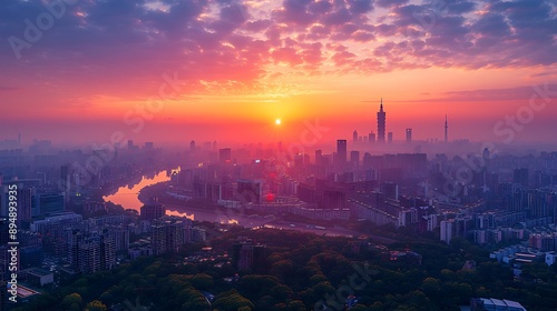 minimalist photo of a city skyline at sunrise, 