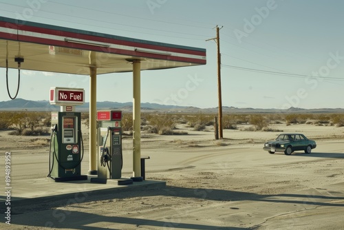 Rural Gas Station with No Fuel Signs and Empty Landscape - Energy Crisis Concept photo