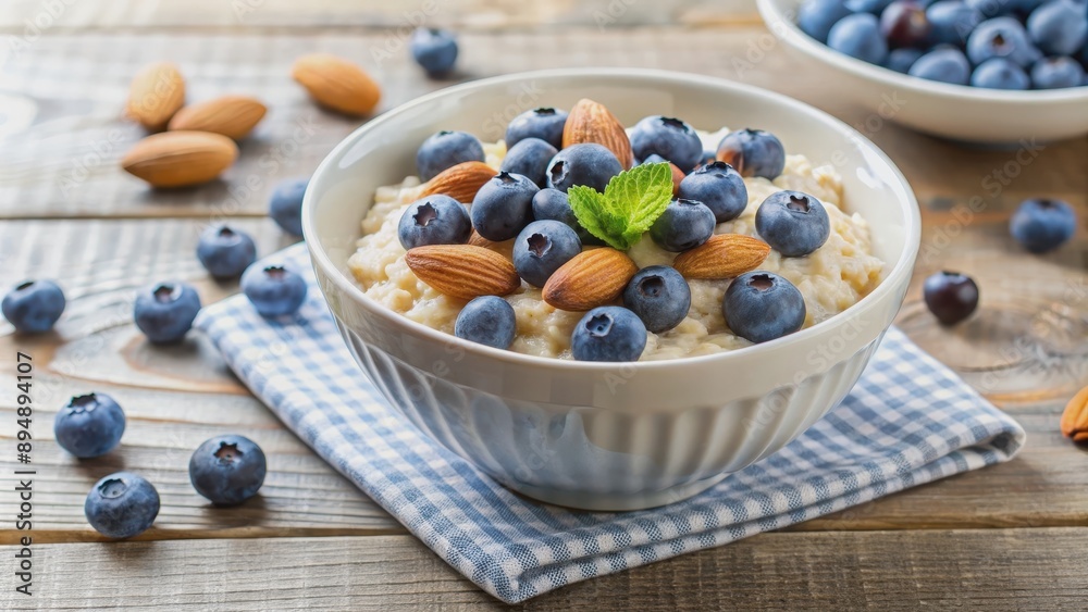 Oatmeal porridge with fresh blueberries and almonds in a white bowl, oatmeal, porridge, blueberries, almonds, breakfast, healthy Oatmeal porridge with fresh blueberries and almonds in a white bowl, oatmeal, porridge, blueberries, almonds, breakfast, healthy