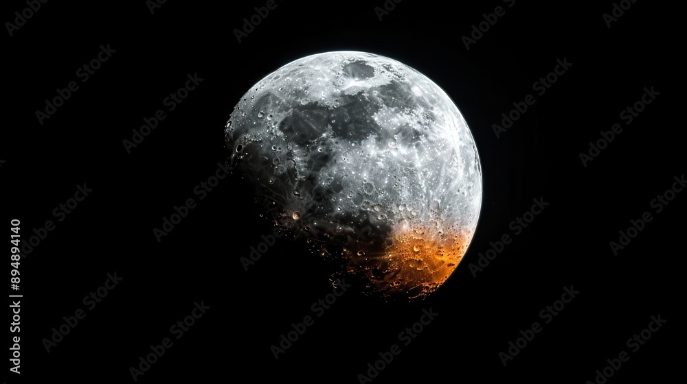 Fototapeta premium A captivating image showing a partial moon with a warm orange hue at its lower edge, set against the night sky, evoking a sense of cosmic wonder and natural beauty.