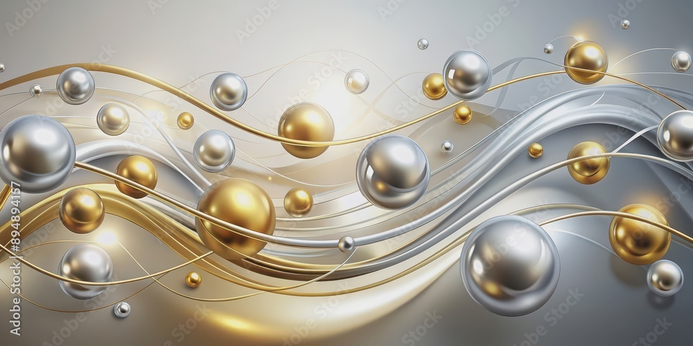 Obraz premium Elegant swirls of gold and silver with floating orbs, elegant, gold, silver, swirls, orbs, decorative, design, luxurious