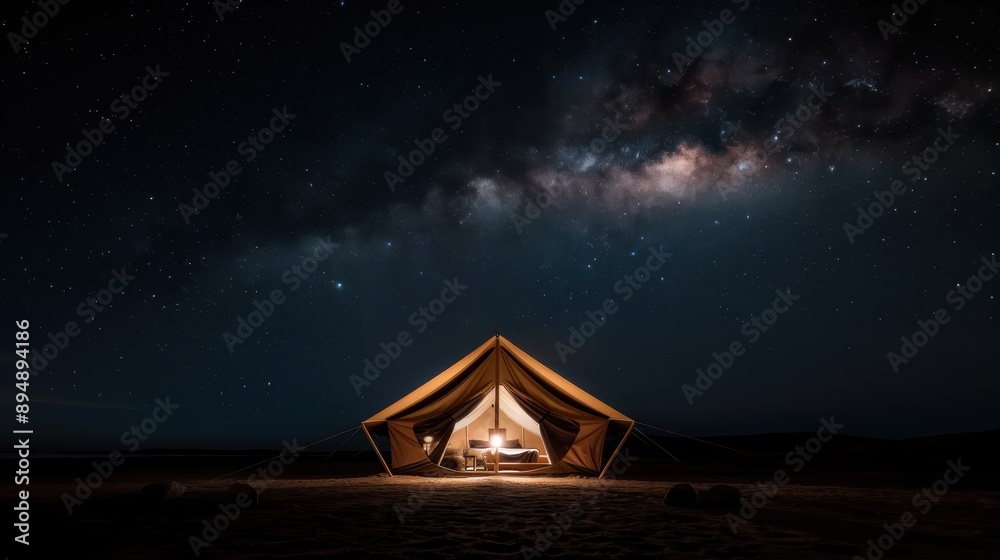 A serene night camping scene with a tent brightly lit from within, set under a magnificent starry night sky, creating a sense of adventure, wonder, and warmth. A serene night camping scene with a tent brightly lit from within, set under a magnificent starry night sky, creating a sense of adventure, wonder, and warmth.