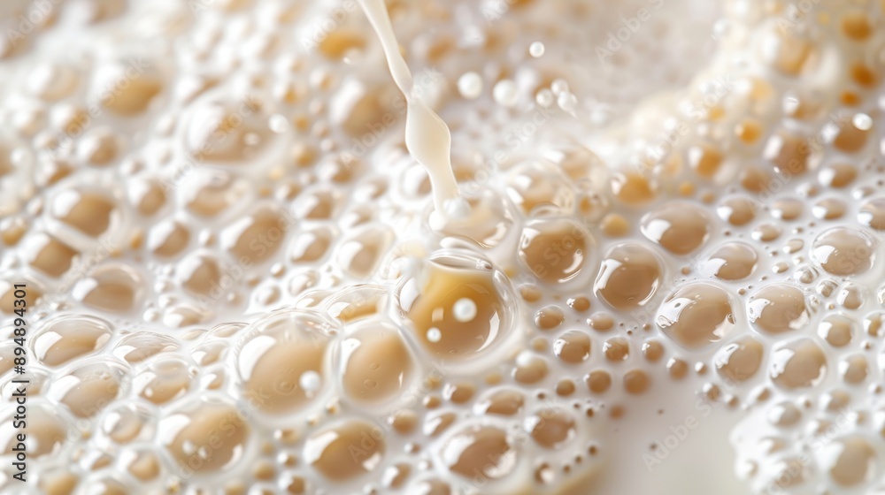A close-up view of milk being poured into a beverage, resulting in the formation of rich bubbles and creating a mesmerizing pattern on the surface of the liquid. A close-up view of milk being poured into a beverage, resulting in the formation of rich bubbles and creating a mesmerizing pattern on the surface of the liquid.