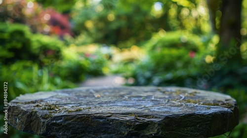 A smooth stone table sits in a garden, with vibrant green foliage and a blurry path leading into the distance.