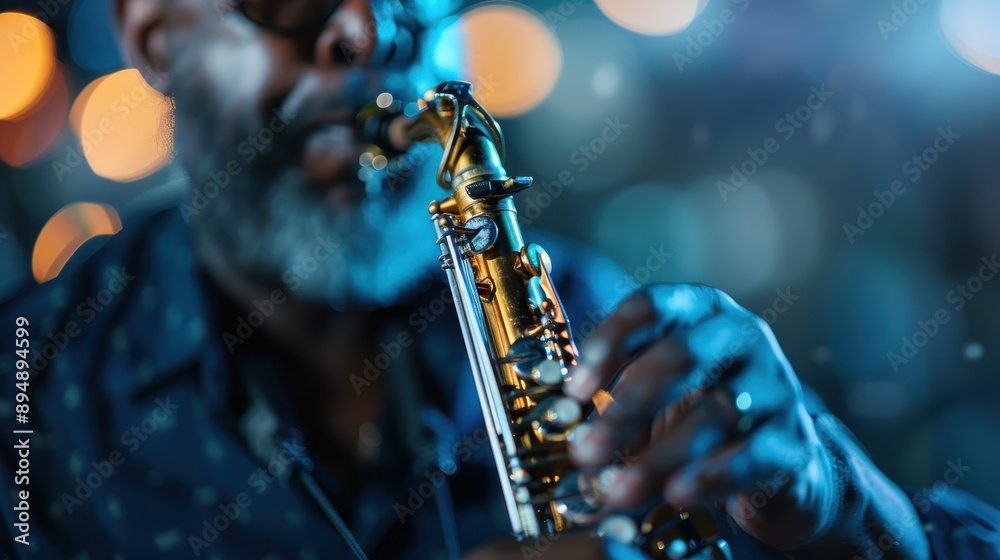 Fototapeta premium A close-up shot of a saxophonist in dark attire playing his golden instrument under teal blue lights, highlighting the intricate details and the intensity of his performance.