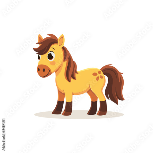 Cartoon illustration of a cute yellow pony with a brown mane and tail standing on a white background
