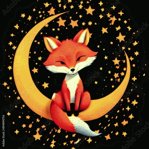  fox sitting on crescent moon under starry night sky whimsical cartoon illustration playful animal design cosmic scene peaceful nature dreamy nighttime background cute fox art