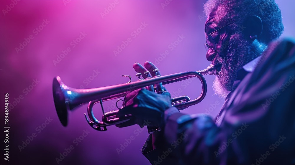 Obraz premium An experienced trumpet player delivering a powerful performance with vibrant purple lighting, capturing the essence of musical expertise, emotion, and creativity on stage.