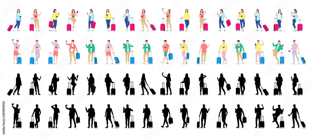 Set of young man and woman tourists with smartphones and passports and tickets. Travelers going on trip in casual clothes with a suitcase. Vector illustration set isolated on white Set of young man and woman tourists with smartphones and passports and tickets. Travelers going on trip in casual clothes with a suitcase. Vector illustration set isolated on white
