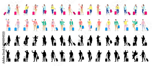 Set of young man and woman tourists with smartphones and passports and tickets. Travelers going on trip in casual clothes with a suitcase. Vector illustration set isolated on white