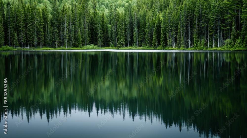 This serene image shows a calm lake perfectly reflecting the dense forest of tall pine trees in the background, capturing the peaceful essence of nature. This serene image shows a calm lake perfectly reflecting the dense forest of tall pine trees in the background, capturing the peaceful essence of nature.