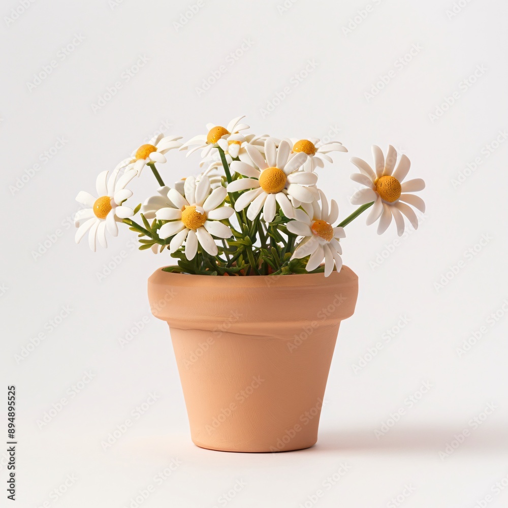 Tiny clay pot with miniature daisy flowers, beautifully rendered in soft pastel colors, facing front on a white background, high resolution, DSLR Tiny clay pot with miniature daisy flowers, beautifully rendered in soft pastel colors, facing front on a white background, high resolution, DSLR