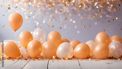 White and orange balloons with golden confetti on a white wooden background