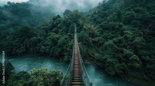 Fototapeta Naklejka Na Ścianę i Meble -  A narrow suspension bridge stretches above a river within a lush and dense jungle environment, surrounded by towering green trees and enveloped in a misty atmosphere.