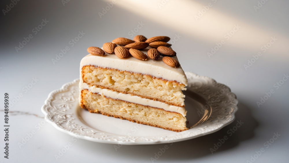 A Slice of Almond Cake with Buttercream Frosting and Topped with Almonds on an Ornate Plate A Slice of Almond Cake with Buttercream Frosting and Topped with Almonds on an Ornate Plate