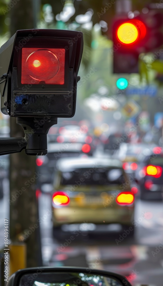 Fototapeta premium Red Light Violation Capture at Night - Traffic Camera Image for City Safety Monitoring and Law Enforcement