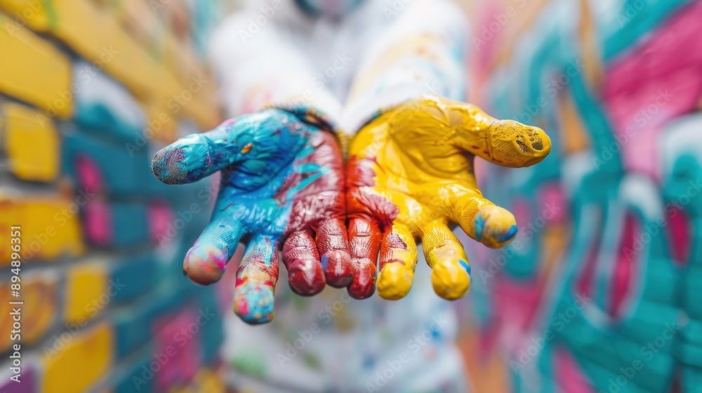 Naklejka premium A close-up of hands covered in a mix of vibrant paints, held up in front of a colorful street mural, capturing the essence of creative expression and artistic freedom.