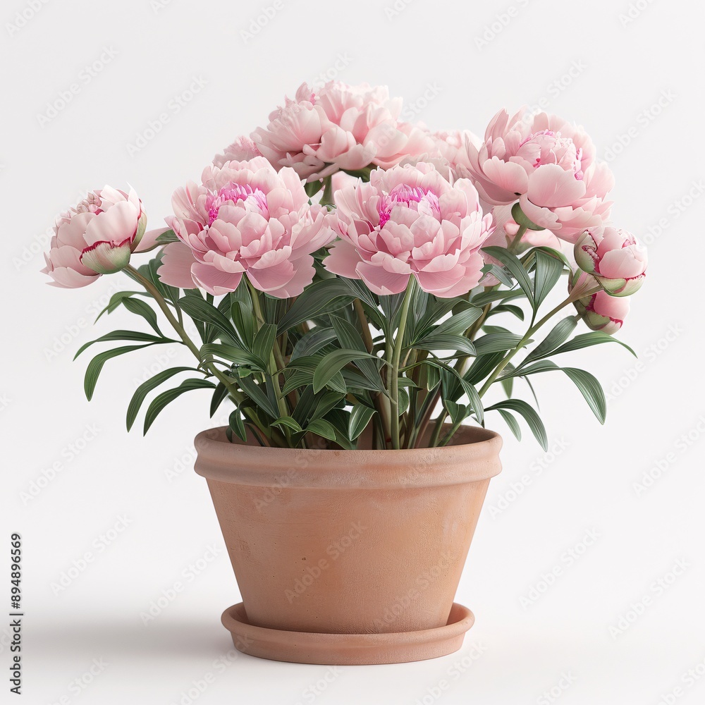 Adorable miniature peonies in a small clay pot, rendered in soft, muted pastels, facing front on a white background, high resolution, DSLR Adorable miniature peonies in a small clay pot, rendered in soft, muted pastels, facing front on a white background, high resolution, DSLR