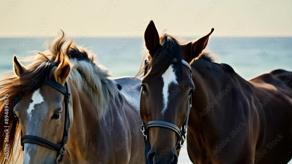 Ambient and soft light highlight the serene ocean and clear sky, providing a beautiful contrast to the lively movement of the horses Ambient and soft light highlight the serene ocean and clear sky, providing a beautiful contrast to the lively movement of the horses