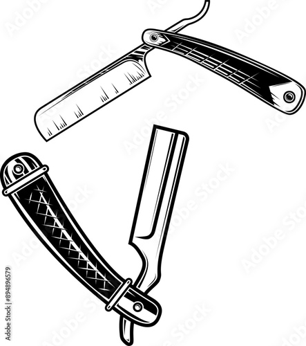 Illustration of barber razor in engraving style. Design element for logo, label, sign. badge.