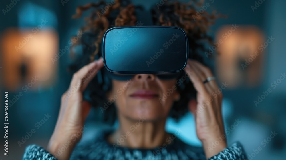 A person wears a virtual reality (VR) headset at home, experiencing immersive digital worlds, symbolizing the advancement of technology and new possibilities in entertainment and education. A person wears a virtual reality (VR) headset at home, experiencing immersive digital worlds, symbolizing the advancement of technology and new possibilities in entertainment and education.