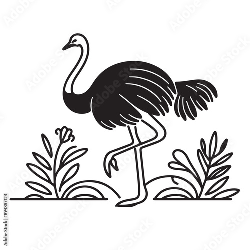 a black silhouette singal line ostrich with white background