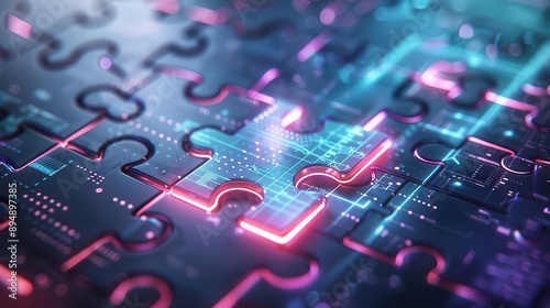 Plakat Hightech jigsaw puzzle, augmented reality, neon glowing edges, modern digital game