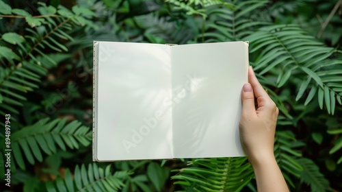 person holds a blank open book with nature background. mockup concept