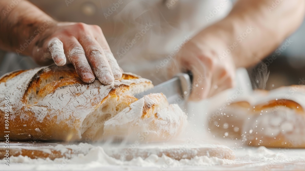 A chef enthusiastically slices a freshly baked bread on a wooden board dusted with flour, capturing the essence of culinary craftsmanship and fresh bakery goodness. A chef enthusiastically slices a freshly baked bread on a wooden board dusted with flour, capturing the essence of culinary craftsmanship and fresh bakery goodness.