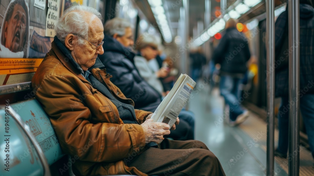 Elderly Man Reading Newspaper on Busy Subway Bench, Urban Public Transport Scene for Print, Posters Elderly Man Reading Newspaper on Busy Subway Bench, Urban Public Transport Scene for Print, Posters