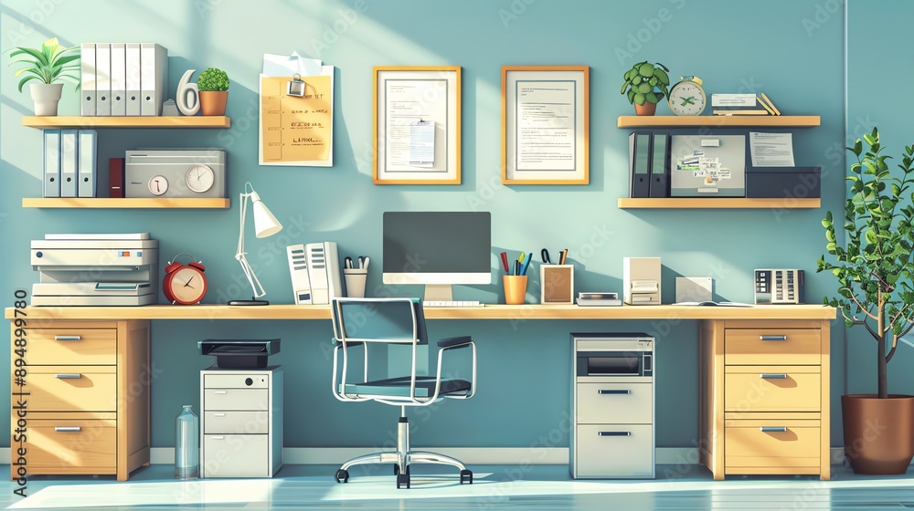 Illustration of a business office with organized desk supplies, ample copy space Illustration of a business office with organized desk supplies, ample copy space