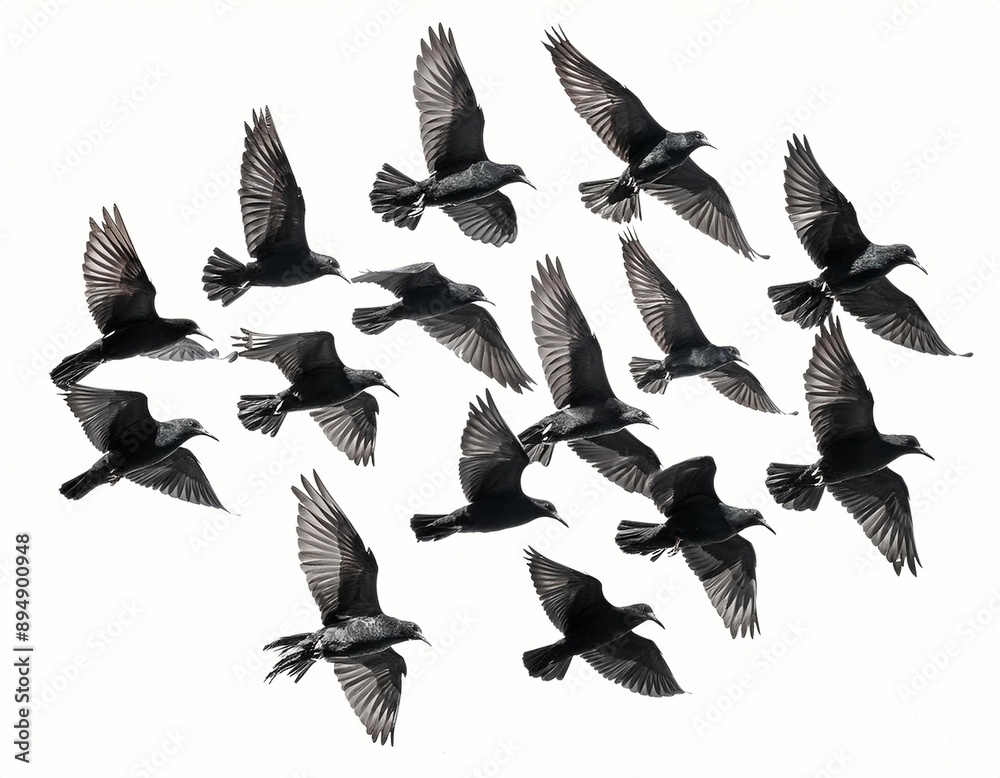 Fototapeta premium Flocks of Flying Birds Isolated on White Background with Clipping Path and Full Depth for Design