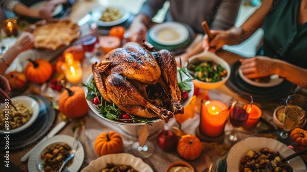 Fototapeta premium Happy Thanksgiving day. Dinner table background illustration generated by ai