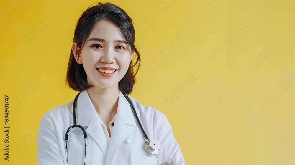 a positive Asian female doctor in a white coat with a stethoscope, smiling confidently and looking at the camera, against a yellow background that signifies optimism and positivity in healthcare a positive Asian female doctor in a white coat with a stethoscope, smiling confidently and looking at the camera, against a yellow background that signifies optimism and positivity in healthcare