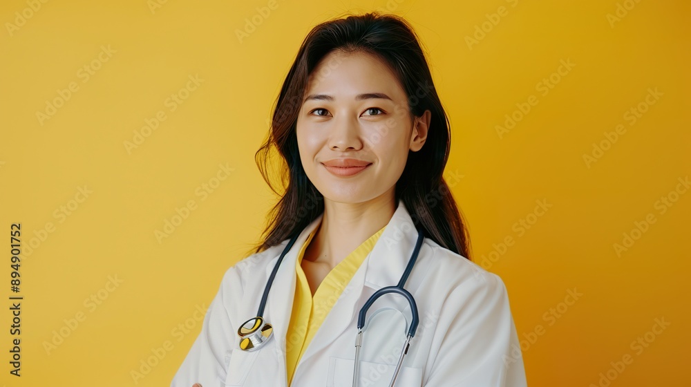 a positive Asian female doctor in a white coat with a stethoscope, smiling confidently and looking at the camera, against a yellow background that signifies optimism and positivity in healthcare a positive Asian female doctor in a white coat with a stethoscope, smiling confidently and looking at the camera, against a yellow background that signifies optimism and positivity in healthcare