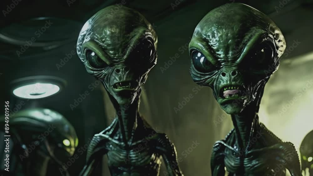 Angry aliens emerge from the shadows in a dimly lit scene, creating a tense and eerie atmosphere. Their menacing presence suggests a confrontation or invasion, evoking feelings of fear and suspense. Angry aliens emerge from the shadows in a dimly lit scene, creating a tense and eerie atmosphere. Their menacing presence suggests a confrontation or invasion, evoking feelings of fear and suspense.