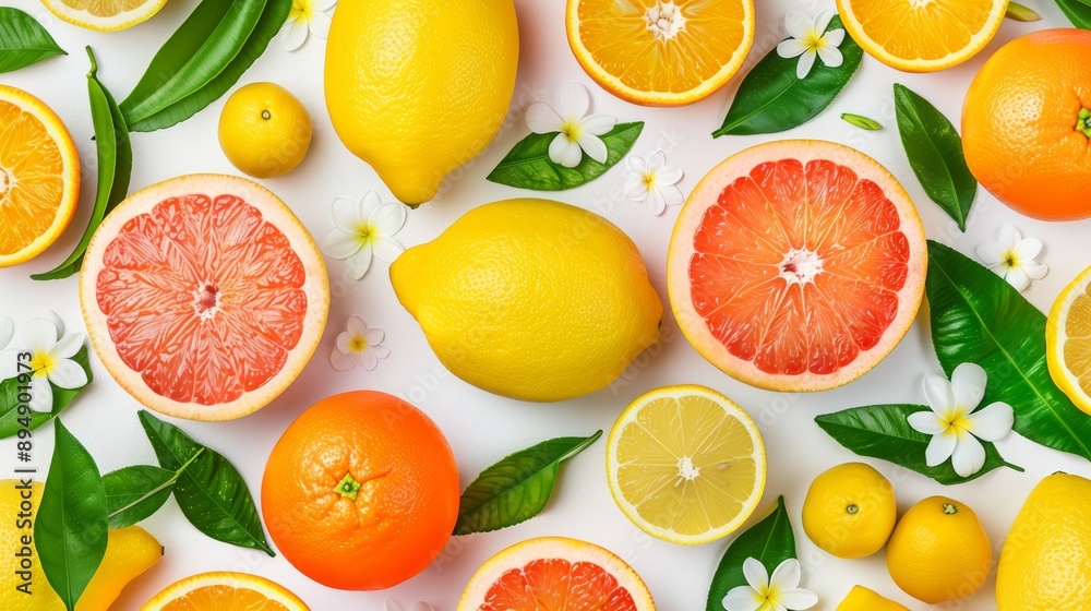 A detailed pattern of citrus fruits including lemons, oranges, and grapefruits, with leaves and flowers, high-resolution photo, realistic photo, hyper realistic A detailed pattern of citrus fruits including lemons, oranges, and grapefruits, with leaves and flowers, high-resolution photo, realistic photo, hyper realistic