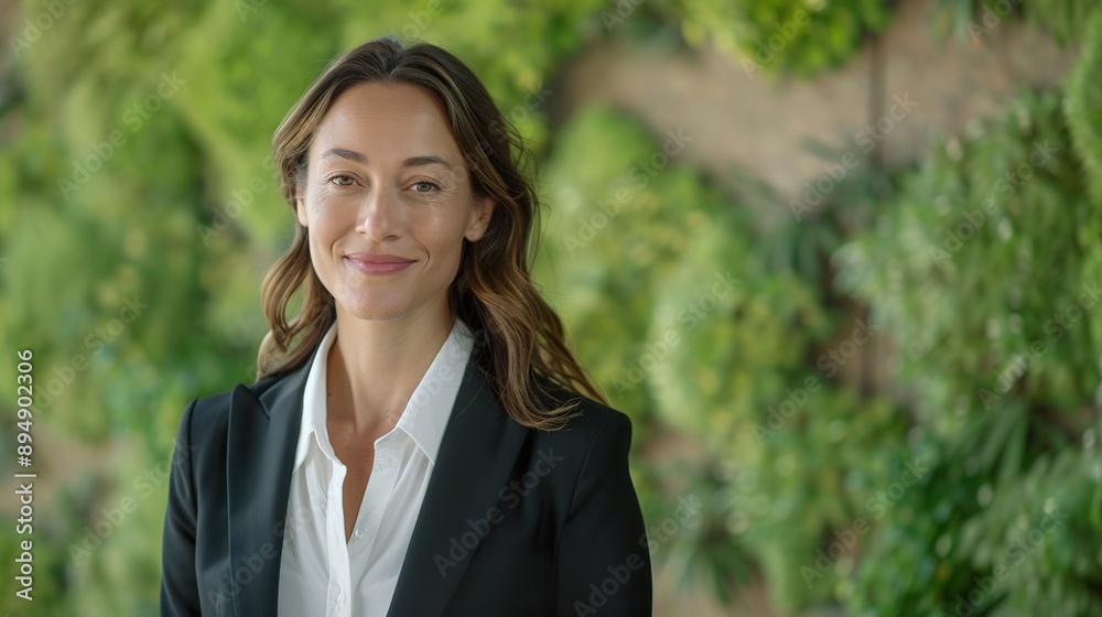 a professional woman in business attire, smiling and looking approachable, against a green backdrop that signifies growth and vitality. a professional woman in business attire, smiling and looking approachable, against a green backdrop that signifies growth and vitality.