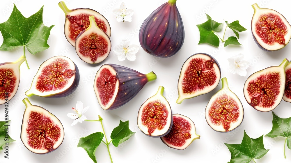A detailed pattern of figs, both whole and sliced, with fig leaves and flowers, high-resolution photo, realistic photo, hyper realistic