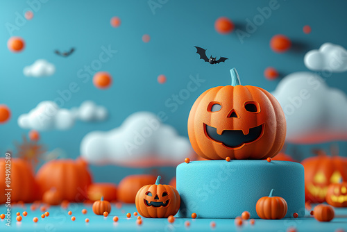 A blue background with a pumpkin and a pumpkin with a black face