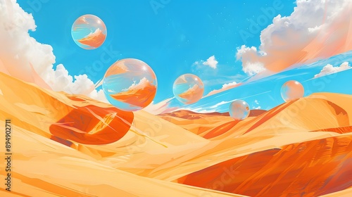 Surreal desert landscape with enormous, colorful dunes and mysterious, floating spheres photo